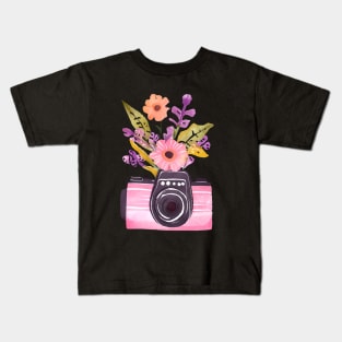 Cute Pink Watercolor Camera and Wildflowers Kids T-Shirt